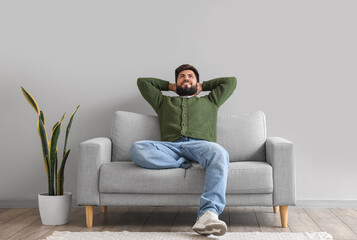 Handsome bearded man resting on grey sofa near light wall