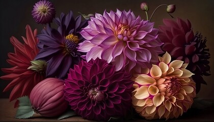 Obraz premium Dahlias, red, purple, pink, light orange. Generative AI.