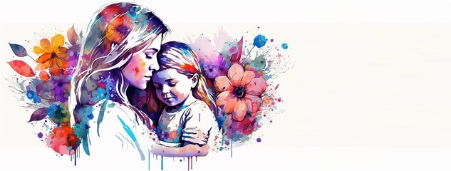 Mother's day - illustration of mom and daughter hugging each other with copy space for text, Generative ai