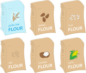 Six isolated hand-drawn illustrations of flour bags. Various gluten free flour options: almond, rice, oat, coconut, corn flour. 