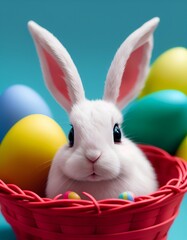 Cute easter bunny in a basket. Created with generative AI