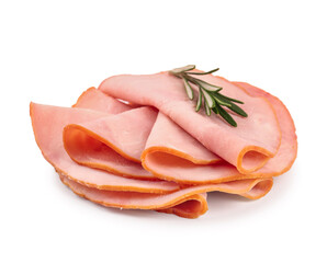 Slices of tasty ham and rosemary isolated on white background