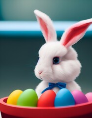 Easter bunny and easter eggs. Created with generative AI
