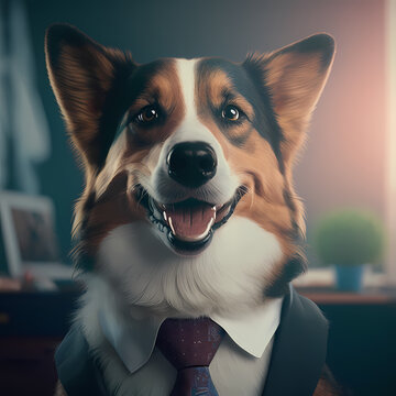 Portrait Of A Dog Dressed Business Suit At Office