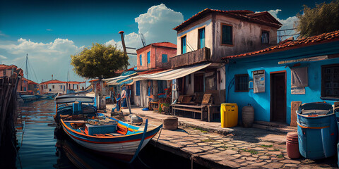 Fototapeta na wymiar Old fishing boats in a Turkish harbour. Generative AI. 
