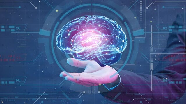 Businessman hand showing virtual glowing brain hologram on smart background. AI artificial intelligence and future innovative technology. Creative thinking, Inspiration, imagination and idea concept.