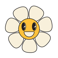 Groovy flower cartoon characters. Funny happy daisy with eyes and smile.