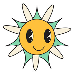 Groovy flower cartoon characters. Funny happy daisy with eyes and smile.