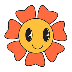 Groovy flower cartoon characters. Funny happy daisy with eyes and smile.