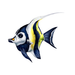 Yellow and black striped Moorish idol. Exotic sea fish. Holidays in the tropics, travel, underwater world. For postcards, souvenirs, prints