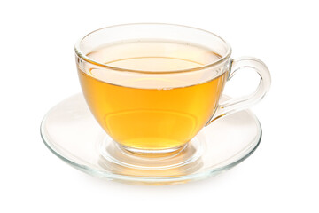 Glass cup of tasty green tea on white background