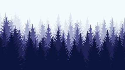 Fog and haze forest landscape. Vector landscape with silhouettes of coniferous trees in the mist. Vector illustration.