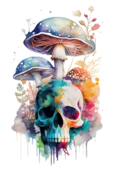 Foto op Plexiglas Aquarel doodshoofd Watercolor floral mushroom skull with slogan, Psychedelic Mushrooms and skulls, generative ai.