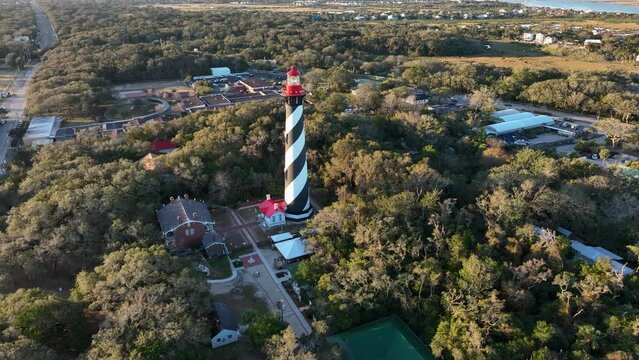 Aerial view of St Augustine Lighthouse during sunrise.