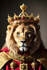 Fototapeta premium The lion person dressed in kings clothes and the crown on his head. Generative ai