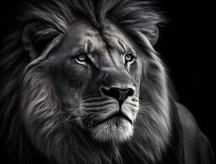 Naklejka premium Portrait of a large African lion, male, black and white photograph of isolated wild savanna lion 