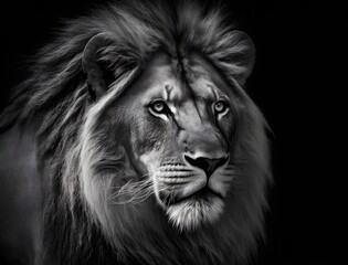Naklejka premium Portrait of a large African lion, male, black and white photograph of isolated wild savanna lion 