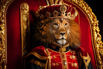 Obraz premium The lion person dressed in kings clothes and the crown on his head. Generative ai