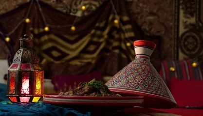 Rolgordijnen Authentic Moroccan Lamb Tagine. Festive hot food for the Eid © Fevziie