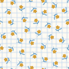 Indian Flowers and Plaid Overlay Vector Seamless Pattern. Cottagecore Chintz Floral Background. Delicate Summer Boho Print