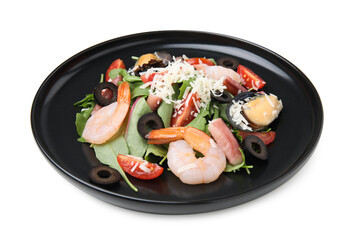 Plate of delicious salad with seafood isolated on white closeup