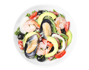 Bowl of delicious salad with seafood isolated on white, top view