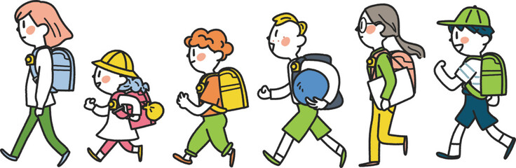 交通指導ボランティア見守りの元、元気に登下校する小学生たち　イラスト素材										
