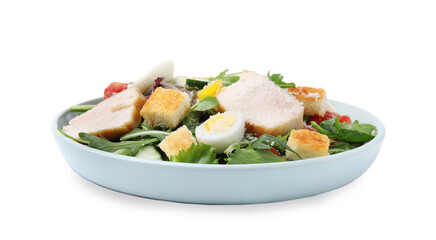 Delicious salad with croutons, chicken and eggs isolated on white