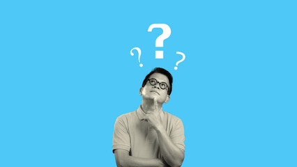 Asian man thinking something with question marks on blue background. Inspiration trendy idea concept, modern design, contemporary art collage.
