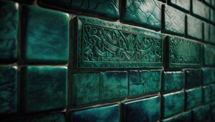 Ceramic texture tile. Vintage decorative background. Colorful teal jade wallpaper.
