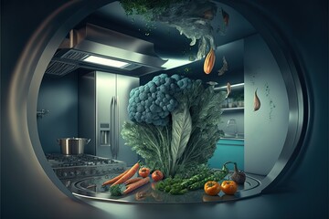 AI-generated illustration of cooking and dining in space or on another planet. MidJourney.
