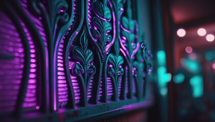 Neon light spiral design. Intricate ornate machine fan. Glowing colors wallpaper background.