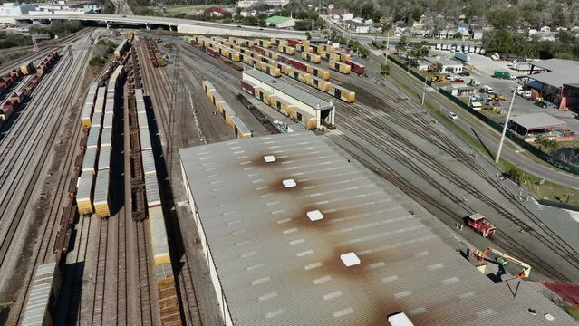 Aerial view of train tracks and containers in Jacksonville, Florida.