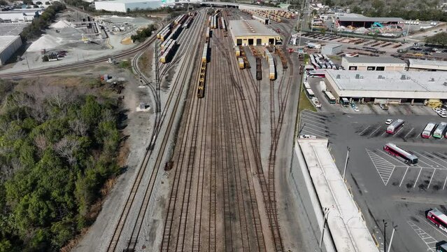 Aerial view of train tracks and containers in Jacksonville, Florida.