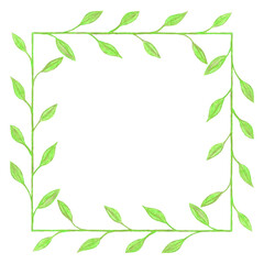 Illustration of green square frame made of stems and leaves hand drawn with colored pencils on white background