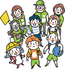 元気な小学生たちとそれを見守る手に交通旗を持った交通指導員と先生　セット　イラスト素材			
