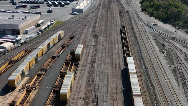 Aerial view of train tracks and containers in Jacksonville, Florida.