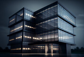 Obraz premium modern office building at night, large picture windows, generative AI