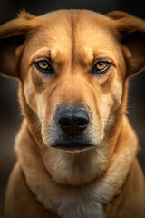 Close-up realistic portrait of a mixed breed dog looking directly at the camera.