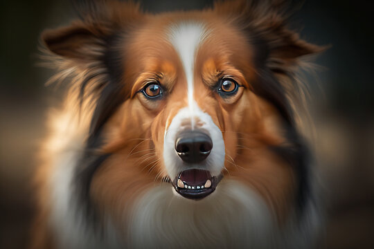 Super close-up portrait of a smiling collie dog looking at the camera.