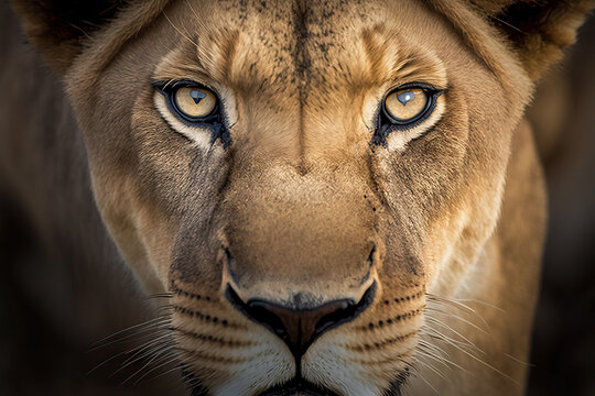Super close-up portrait of a lion looking at the camera, only the face appears.