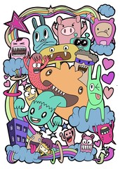 Hand-drawn illustrations, monsters doodle, Hand Drawn cartoon monster illustration,Cartoon crowd doodle hand-drawn Doodle style. © ohhh_photo
