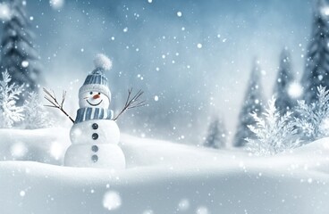 Merry Christmas and Happy New Year greeting card with copy space., Happy snowman standing in Christmas landscape. Snow background, winter fairy tale, Christmas winter background with snow and blurred 