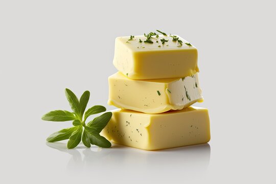 Isolated on white, a close up of a stack of butter bits flavored with herbs. Generative AI