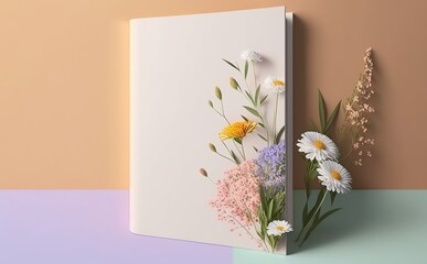 white paper on pastel color background with flowers on the side, Generative AI