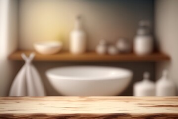 Fototapeta na wymiar Blurred bathroom setting with an empty wooden table for product display. Generative AI