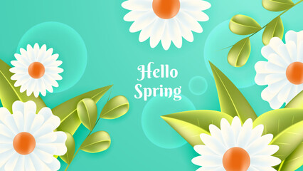 Green spring time landscape background with flowers season. Vector illustration