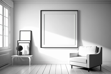 White mock up frame in a spacious, uncluttered living room. Generative AI