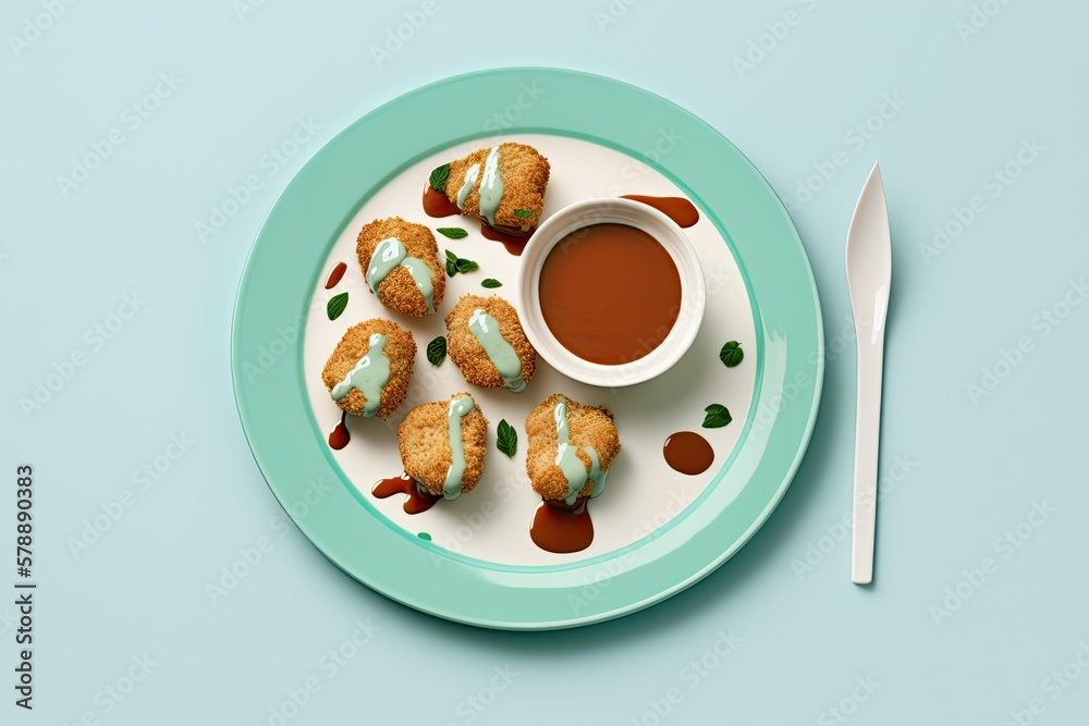 Poster on a pale background, a plate with delectable chicken pops and sauce. generative ai