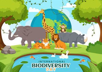World Biodiversity Day on May 22 Illustration with Biological Diversity, Earth and Animal in Flat Cartoon Hand Drawn for Landing Page Templates